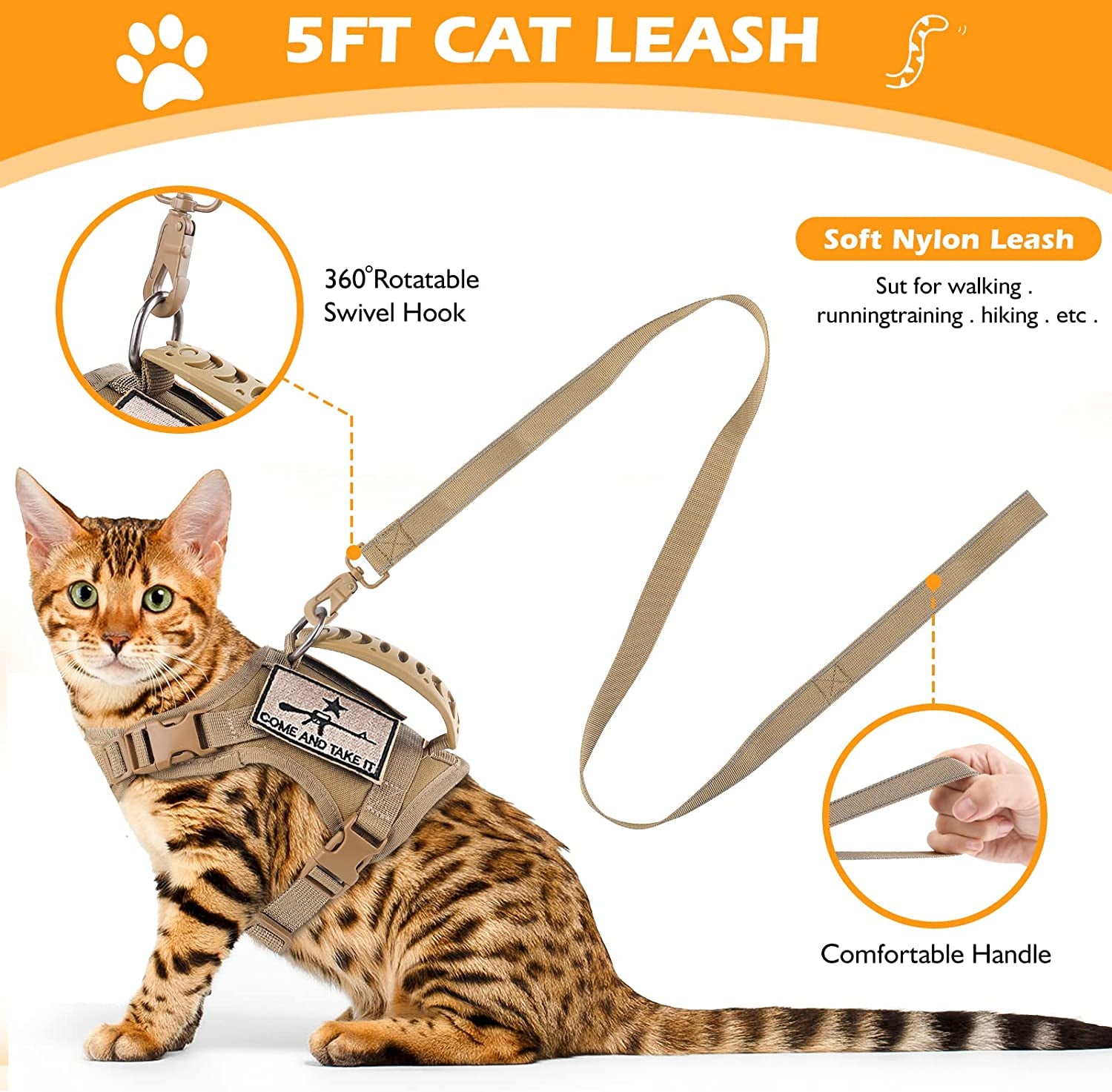 Tactical Cat Harness and Leash Set for Walking Escape Proof, Adjustable Large Cat Vest Harness with Molle Patches, Soft Mesh Padding, Rubber Handle Easy to Control