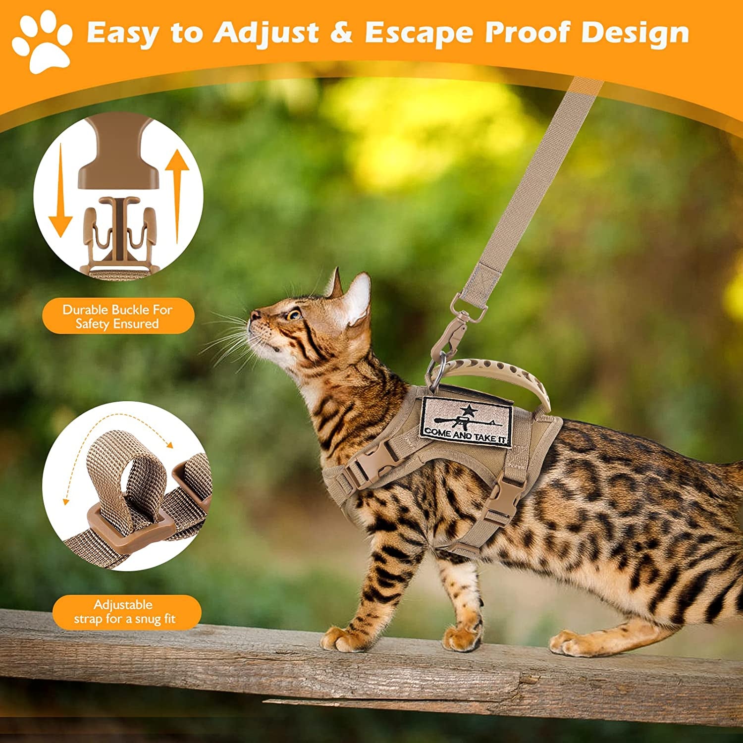 Tactical Cat Harness and Leash Set for Walking Escape Proof, Adjustable Large Cat Vest Harness with Molle Patches, Soft Mesh Padding, Rubber Handle Easy to Control